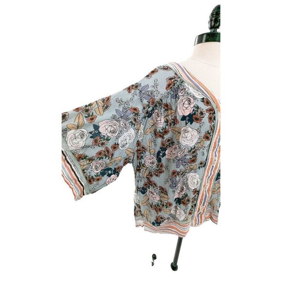Democracy Women Long Sleeve V-Neck Floral Print Kimono Blouse Blue Size 2X - Picture 1 of 12